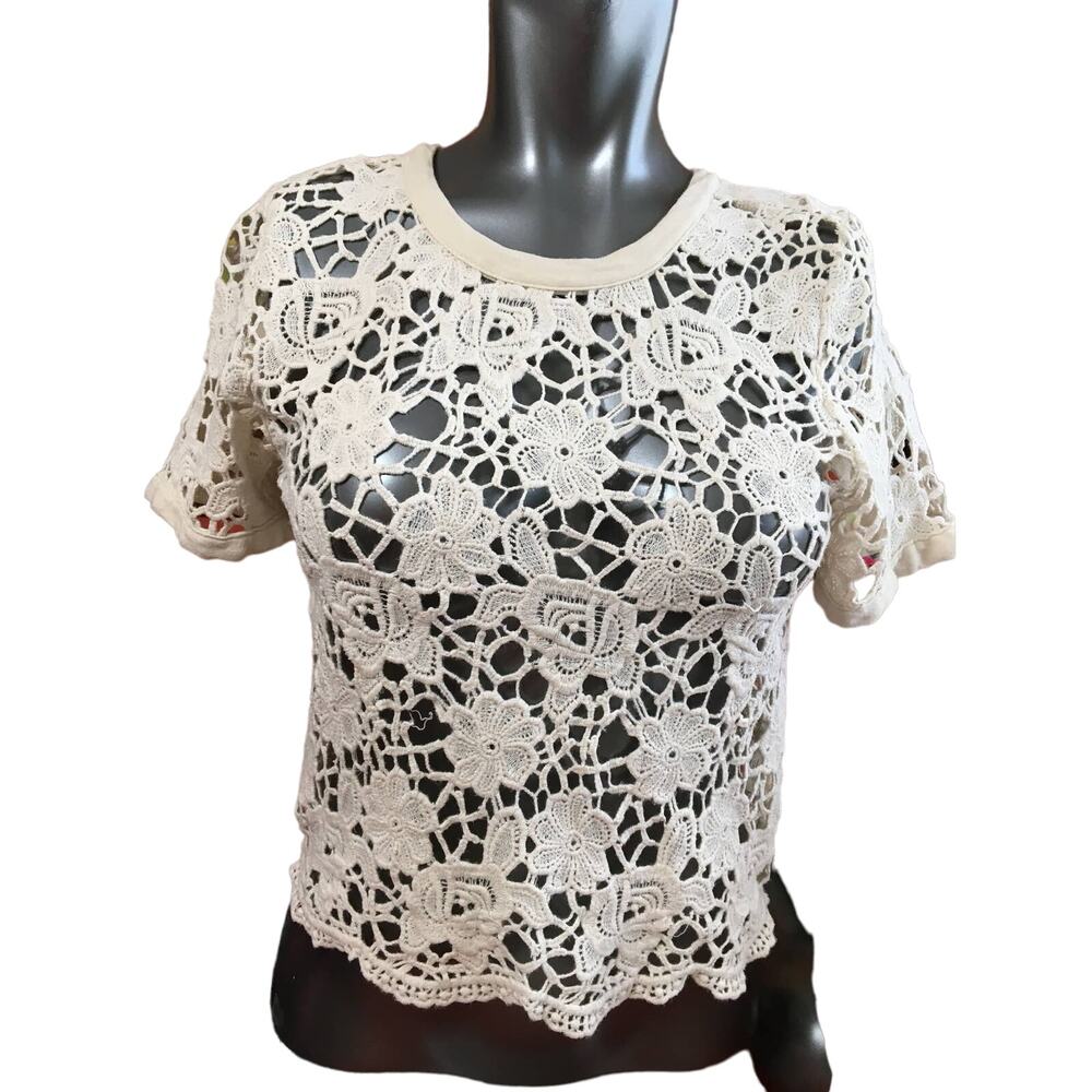Ambiance Large 100% Cotton Crochet Cream Top Laces Up The Back Missing Button